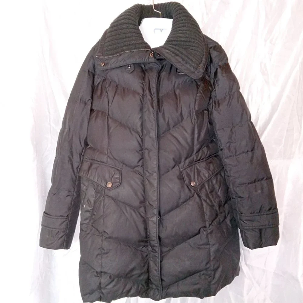Cole Haan Black Women's Down Coat Jacket with Knit Collar size Large - Picture 1 of 12